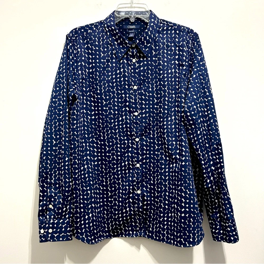 Chaps Women’s Navy Blue & White No Iron Cotton Button Down Shirt